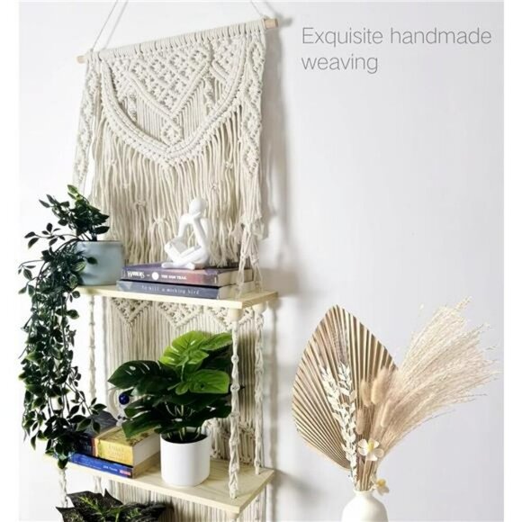 Macrame Wall Hanging Shelf 2 Tier Boho Floating Shelf Organizer for Plants - Picture 4 of 7